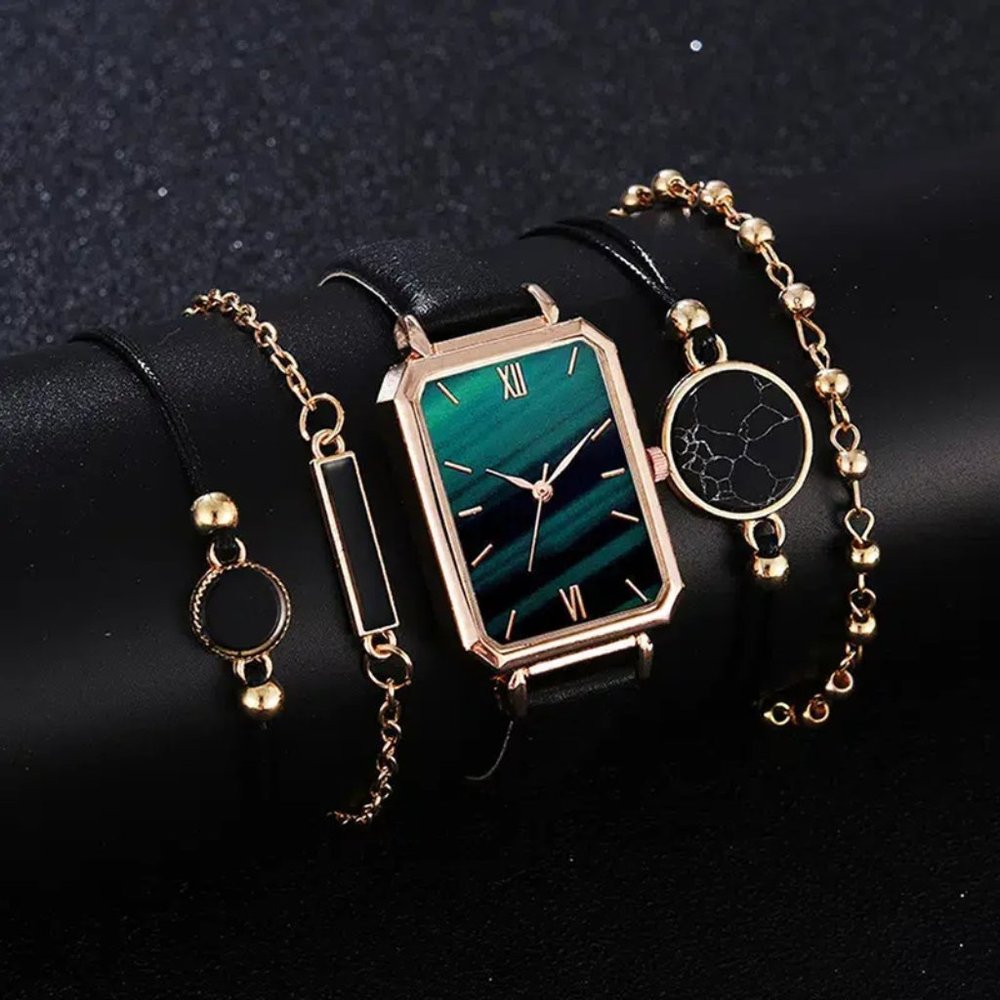 BRAND NEW! 1PC FASHION Round Pointer Quartz Watch & 4Piece Bracelet Set